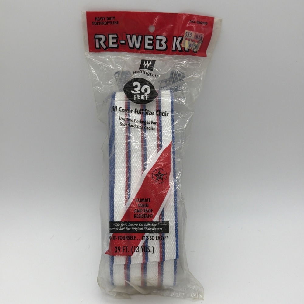 Wellington Re-Web Kit Lawn Chair Webbing 39ft White Red Blue Stripes Vintage NEW